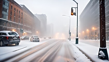 A city street in the heavy snow.