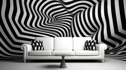 Minimalist sofa in front of a bold, vortex-like striped wall. Optical illusion in the interior. Perfect for use in contemporary style guides and visual art discussions.