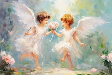 Two angels with wings, dancing amidst blooming flowers. Illustration in the style of oil painting. Ideal for childrens books or fantasy artwork, illustrating magical realism. - obrazy, fototapety, plakaty