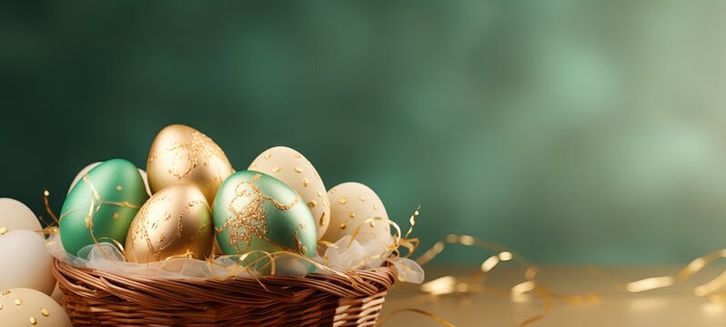 Gold and Teal Easter eggs in basket, set before rich green background. Banner with copy space. For refined Easter event promotions and high end springtime decor, symbolizing affluence and festivity.