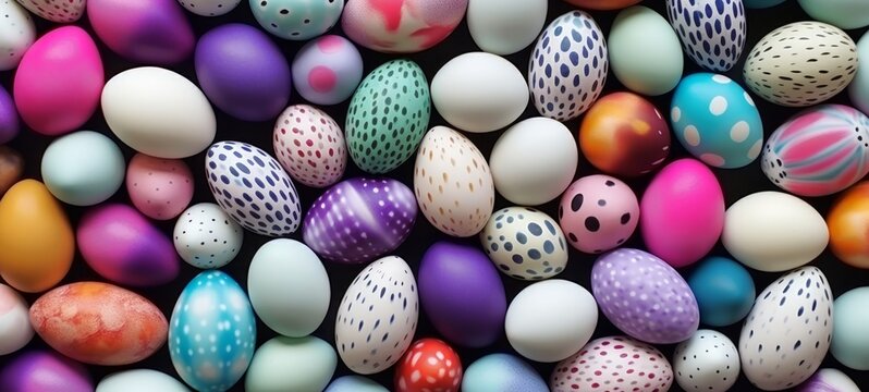 Numerous Easter eggs in vibrant colors and diverse designs fill the image. Top view. Copy space. Perfect for holiday-themed advertisements or celebration backgrounds.