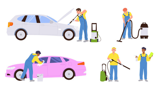 Car wash service and male worker cartoon character providing transport cleaning job isolated set