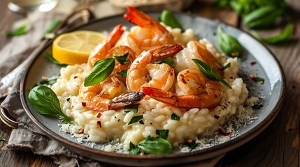 Generative AI : Creamy risotto with shrimps fried prawns