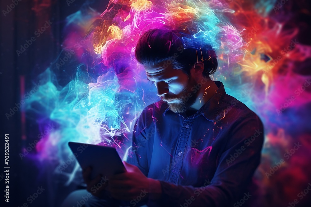 Poster generative ai : a man using a tablet, hyperfocused, aura from head