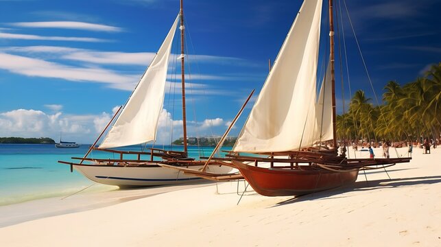 Generative AI : Boracay boats on the White beach. The overall color scheme is soft and bright champagne