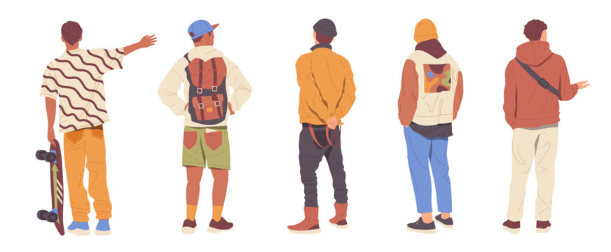 Back view of young man cartoon characters wearing trendy fashion clothes street urban apparel
