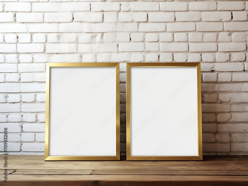 Aufkleber generative ai : mock up photo of two 16x20 gold picture frames on a wooden table