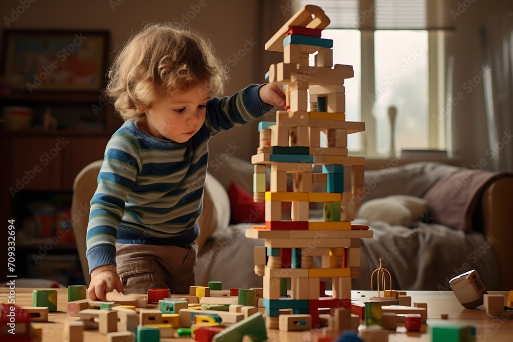 Poster generative ai : young kid playing with blocks at home.