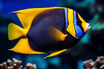 Generative AI : Passer Angelfish (Holacanthus passer) or King Angelfish swimming in reef tank
