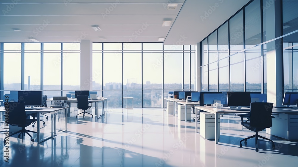 Fototapete generative ai : modern empty elegant office with windows and workplaces. mixed media