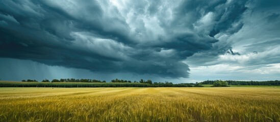 Clouds moving over wheat field, stormy sky with visible rain and tornado in summer village. - obrazy, fototapety, plakaty
