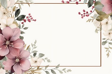 Generative AI : Banner with frame made of rose flowers and green leaves on a pink background.