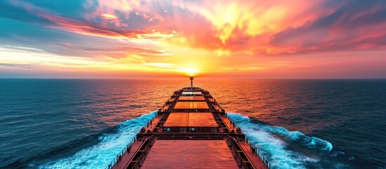 Wide view of sunrise over cargo ship in the ocean, with space for text.