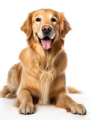 Generative AI : Happy sitting and panting Golden retriever dog looking at camera