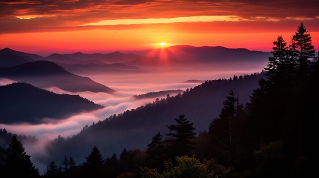 Generative AI : Great Smoky Mountains National Park Scenic Sunset Landscape vacation getaway destination