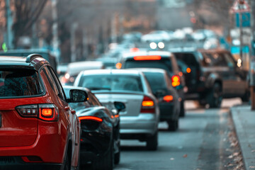 Gridlocked Commute: Cars in a Traffic Jam - obrazy, fototapety, plakaty