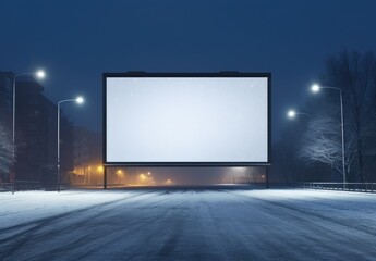 Snowy street at night with empty billboard