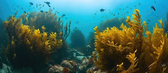 Fototapeta na wymiar Kelp forest atop rocky reef below water surface.