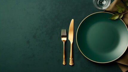 Generative AI : Empty plates and gold cutlery on dark green background.