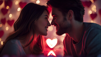 Intimate Couple with Blurred Heart Lights Background