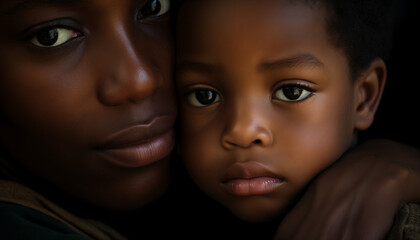 Obraz premium A tender portrait of a contemplative child being hugged by his mother