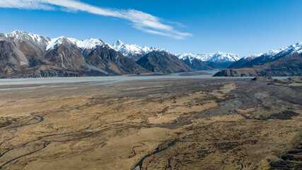 Drone  photo of the arid desert like Hakatere Valley and southern alps in the Ashburton Highlands