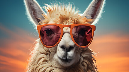 Creative animal concept. Llama in sunglass shade glasses on solid pastel background, commercial,...