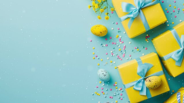 Happy Easter greeting background. Easter eggs on blue background with copy space.