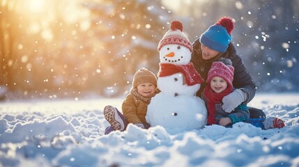 photo of a happy family playing in snow and building a snowman. parents with their children in winter outside in the nature