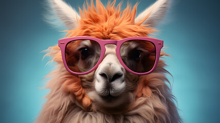 Creative animal concept. Llama in sunglass shade glasses on solid pastel background, commercial, advertisement