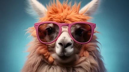 Fotobehang Creative animal concept. Llama in sunglass shade glasses on solid pastel background, commercial, advertisement © Clipart Collectors