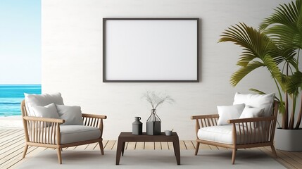 Generative AI : portrait white blank black framed canvas mockup in beach house