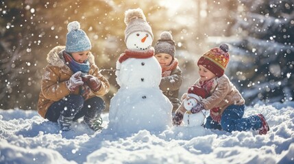 photo of a happy family playing in snow and building a snowman. parents with their children in winter outside in the nature
