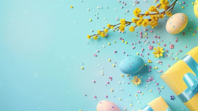 Happy Easter greeting background. Easter eggs on blue background with copy space.