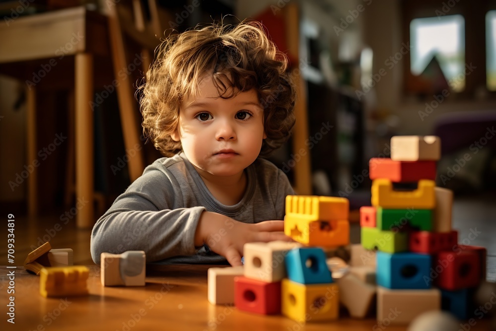 Aufkleber generative ai : young kid playing with blocks at home.