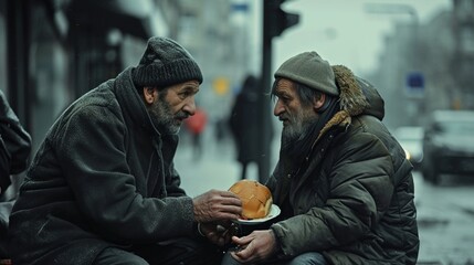 photo portrait of a passer-by man gives food and money to homeless man with old clothes and messy dirty grey hair. sitting and begging money 'n food on a american street. cold rainy day. - obrazy, fototapety, plakaty