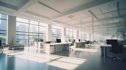 Generative AI : Modern empty elegant office with windows and workplaces. Mixed media