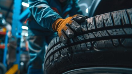 tire changing tyre repair car service shop background banner with copy space, close-up of auto mechanic hand on tire in automobile fixing garage - obrazy, fototapety, plakaty