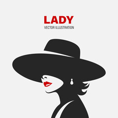 Flat Vector Silhouette of a Lady. Portrait of a Woman in a Hat. Elegant and Glamour Girl with Red Lips. Black and White Illustration
