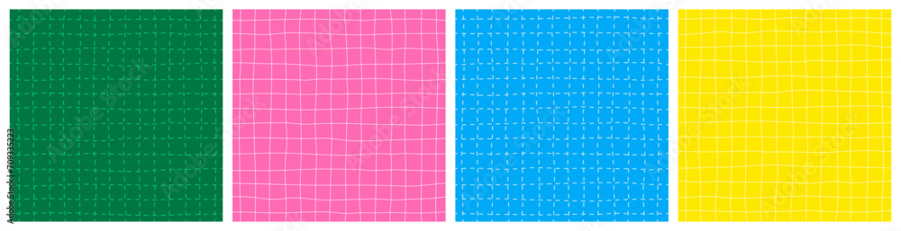 Aufkleber Checker Seamless Patterns Set. Vector Notebook Warped Texture. Line Geometric Checkered Retro Backgrounds