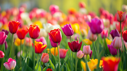 Colorful tulip field with a shallow depth of field