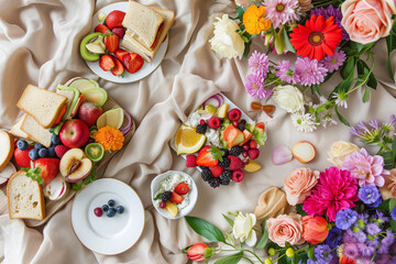Blanket spread with fresh fruits, sandwiches, and flowers