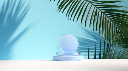 Generative AI : Abstract blue background with shadow of palm leaves for the presentation of a cosmetic product. 