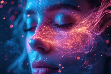 Vivid and intense, a portrait with dramatic color lighting.. Futuristic feel in a woman's portrait with warm and cool hues, healing mind - obrazy, fototapety, plakaty