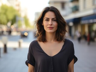 Fototapeta premium Generative AI : portrait of young woman standing in city center