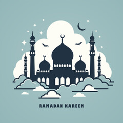 Silhouette of a mosque in the clouds with "Ramadan Kareem" in Arabic calligraphy
