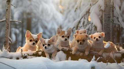 Funny cute adorable chihuahua puppy dogs in snow forest riding posing on tree winter and christmas concepts. - obrazy, fototapety, plakaty