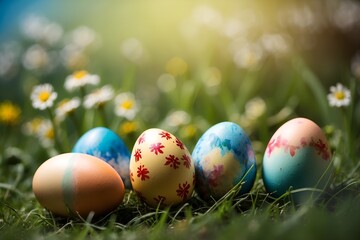 Fototapeta na wymiar Colorful easter eggs in grass with blurred background. Easter decoration background.