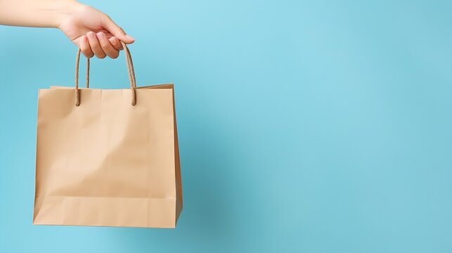 Generative AI : Close Up Cropped Female Hold In Hand Brown Paper Bag With Food Products Isolated On Blue Color Wall Background