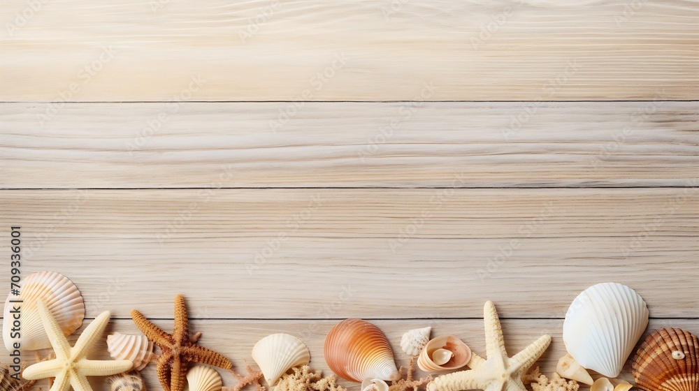 Poster Generative AI : Starfish and seashells on a wooden background